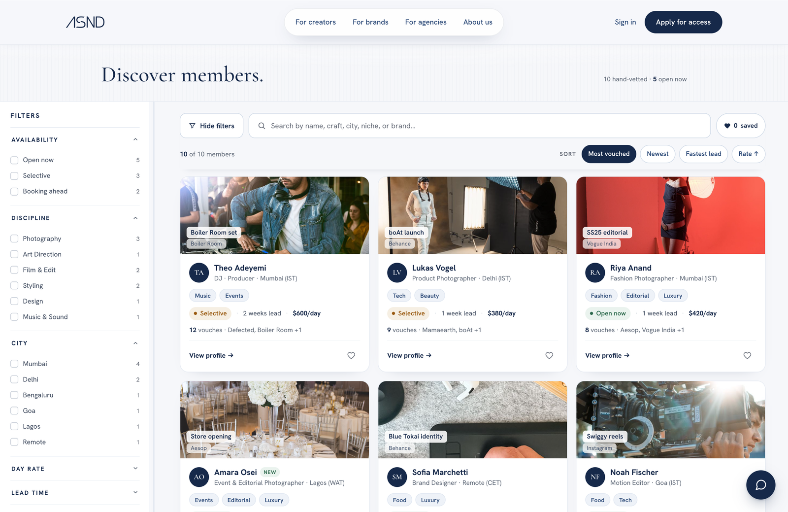 The ASND directory: vetted creatives by discipline, each card leading with the brands they've worked with, vouches, availability, and day rate, never a follower count.