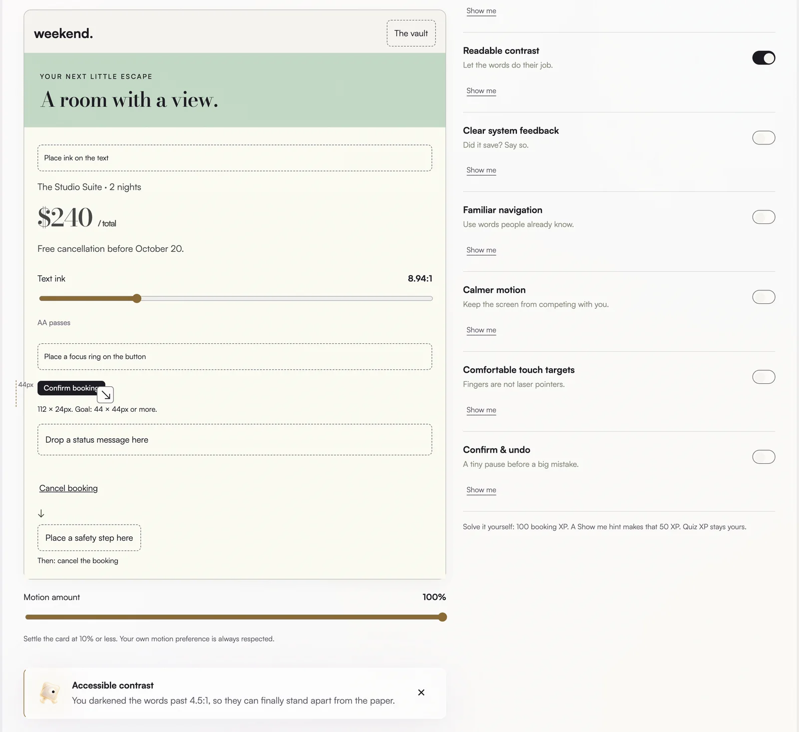 Fix This Screen: the booking card's text ink has been darkened to a contrast ratio of 8.94 to 1, marked AA passes, with a card naming accessible contrast.
