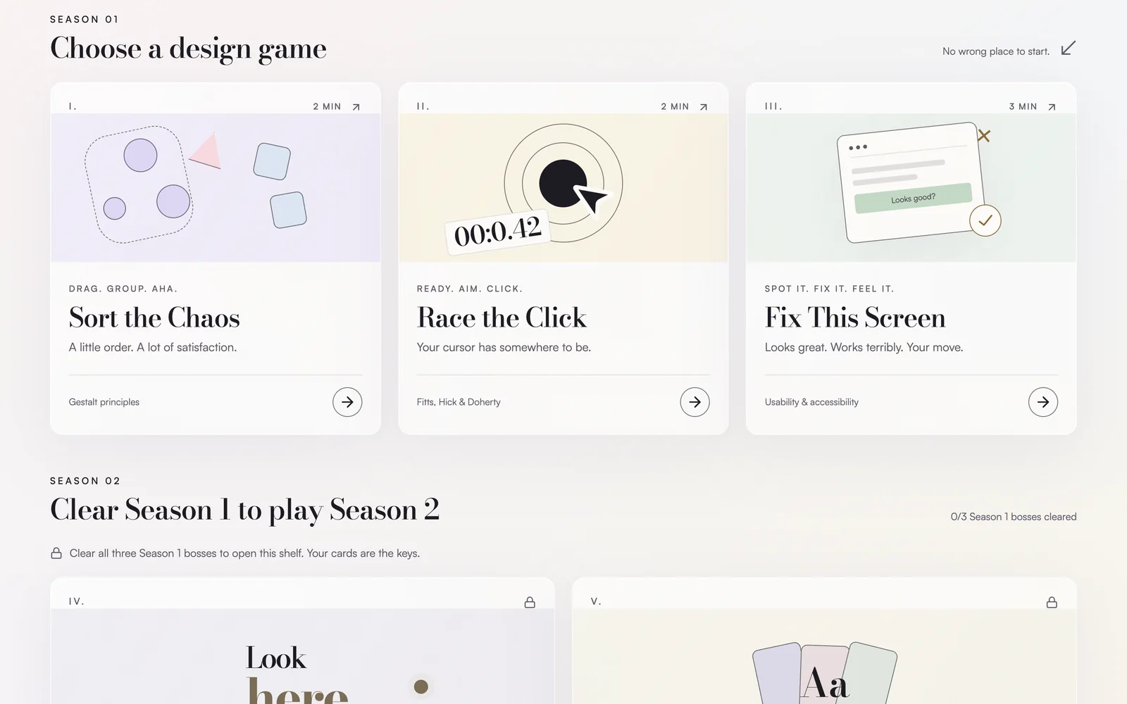 The Design Playground game shelf: Sort the Chaos, Race the Click, and Fix This Screen, with a locked Season 2 shelf below.