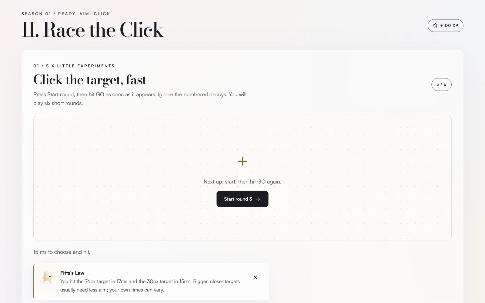 Race the Click mid-game, with a card explaining Fitts's Law using the player's own times on a large and a small target.