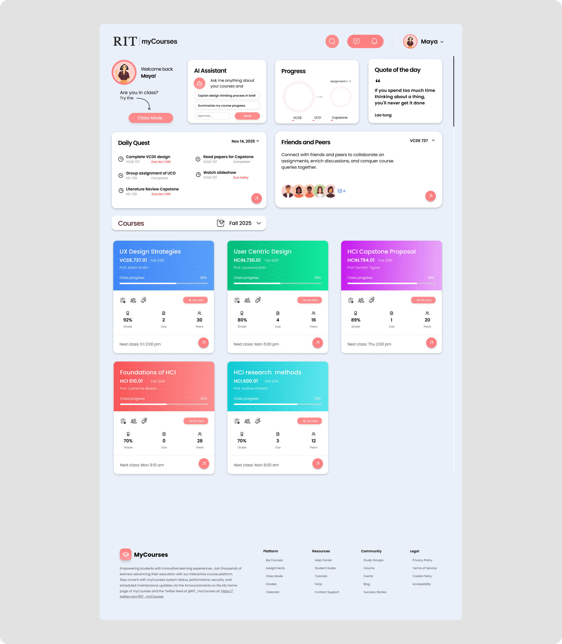 The full redesigned MyCourses dashboard — AI assistant, progress, daily quest, friends and peers, and a course grid.