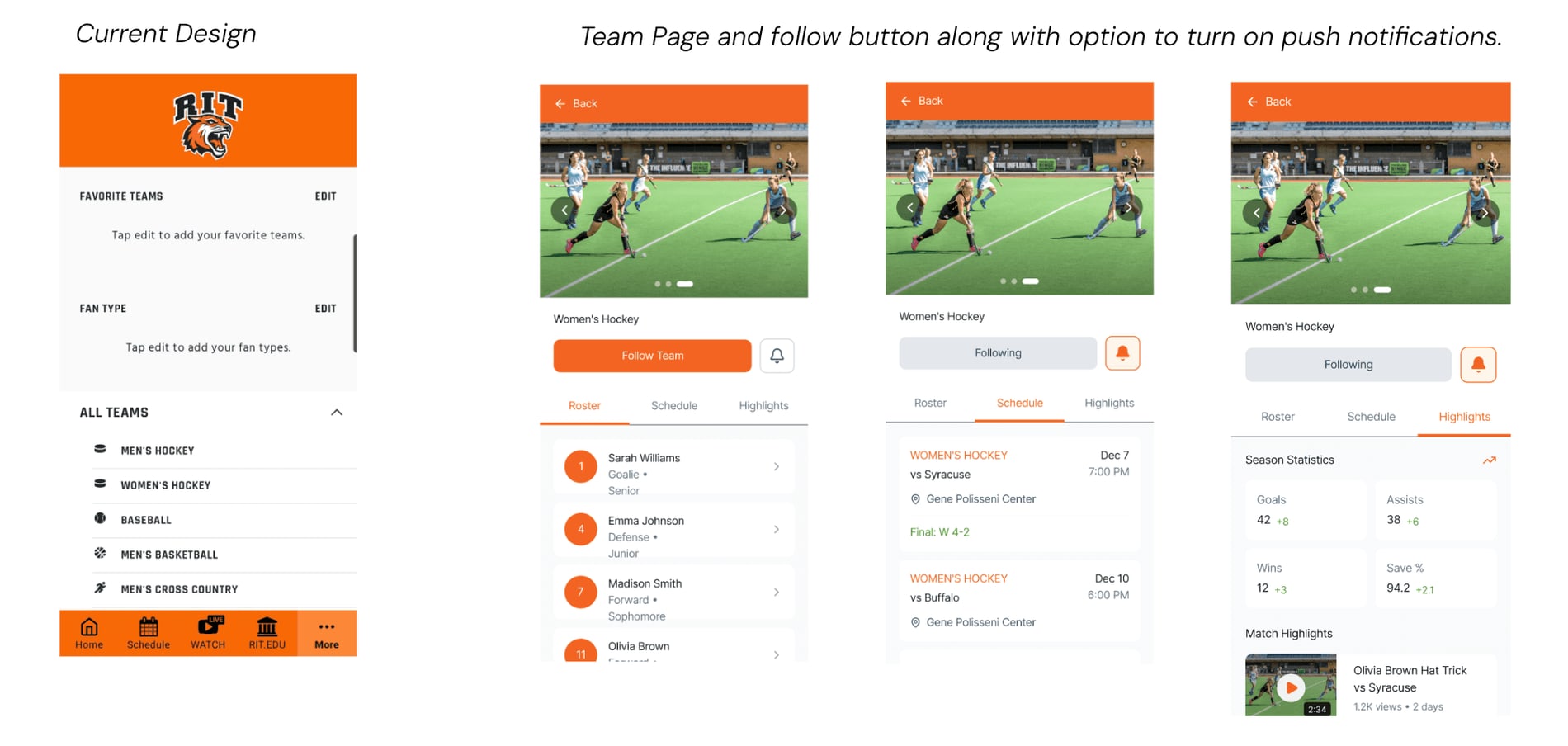 Before and after — the current favorite-teams screen beside redesigned team pages with a Follow button, a Following state with a notification bell, Roster, Schedule, and Highlights tabs, and season statistics.