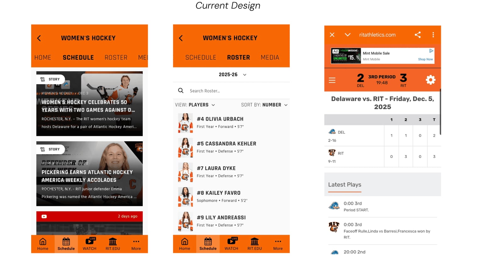 The current RIT Athletics app — a Women's Hockey schedule, a roster list, and the separate ritathletics.com web view fans jump to for live scores.