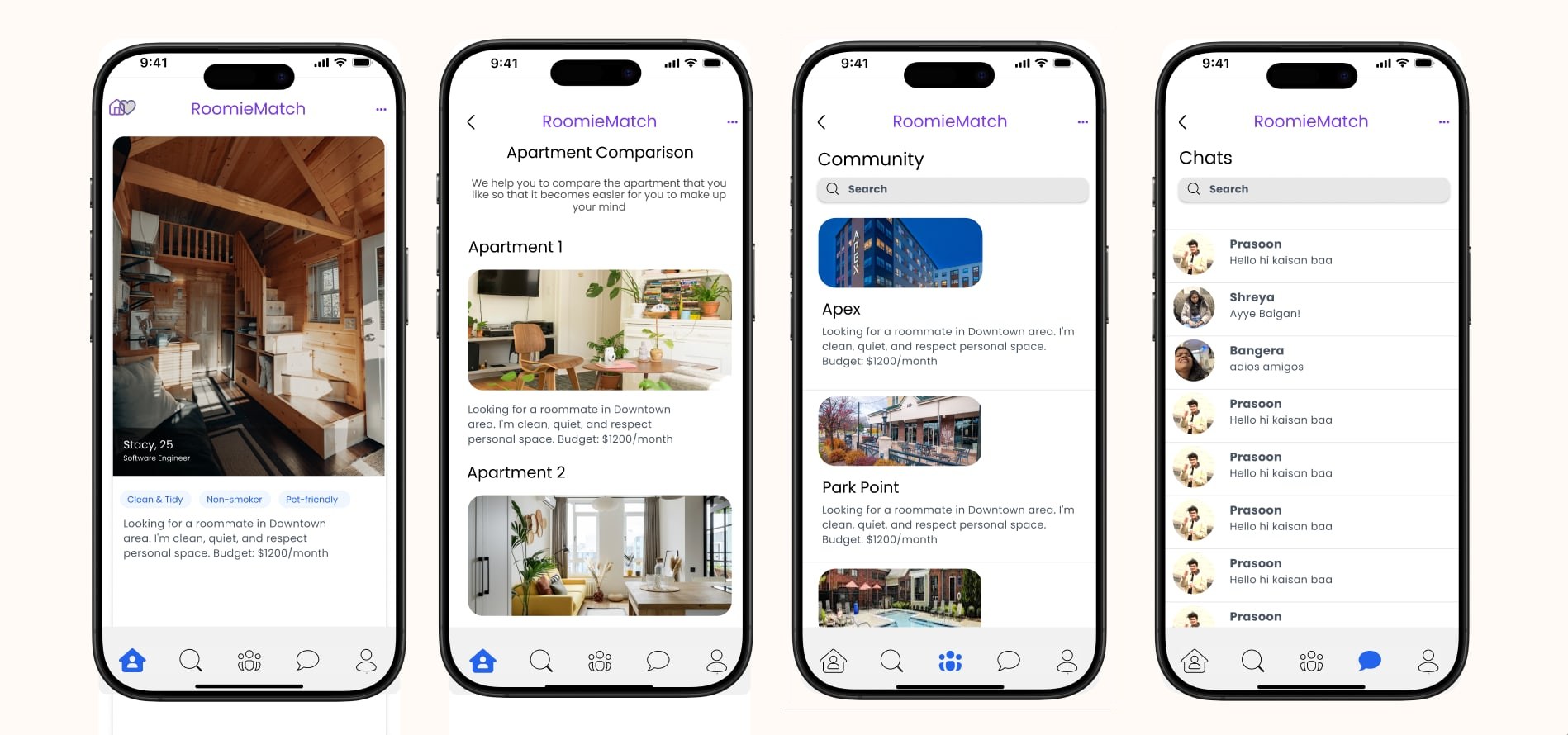 The four core surfaces on cream — a swipe-to-match card for Stacy, an apartment comparison view, the community listings, and the chats inbox.