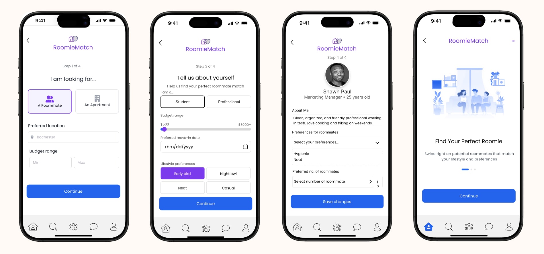 The four-screen guided path on cream — the looking-for step, the tell-us-about-yourself step with lifestyle preferences, a roommate profile, and the Find Your Perfect Roomie swipe intro.